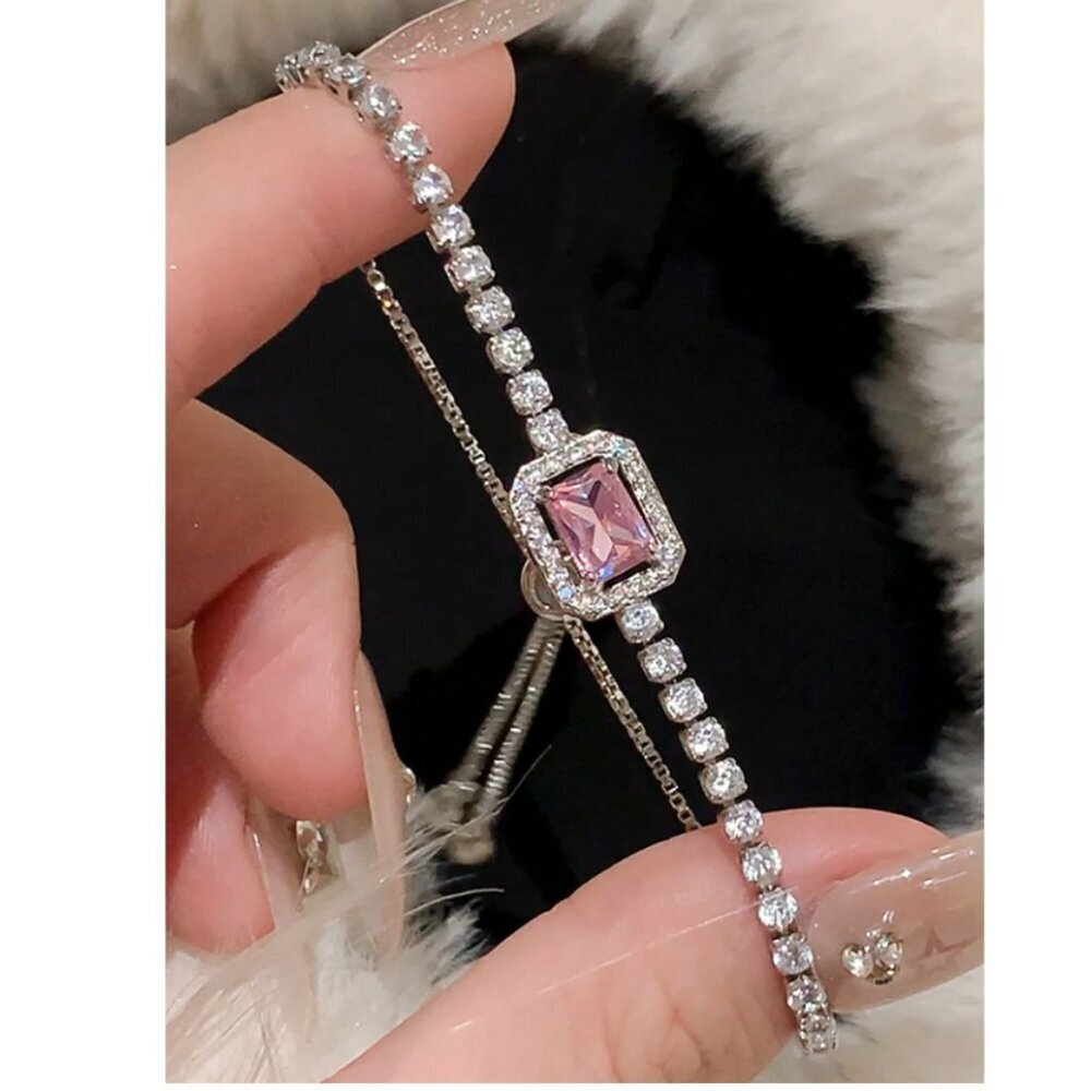 925 Sterling Silver Pink Sapphire Halo Adjustable Tennis Bracelet